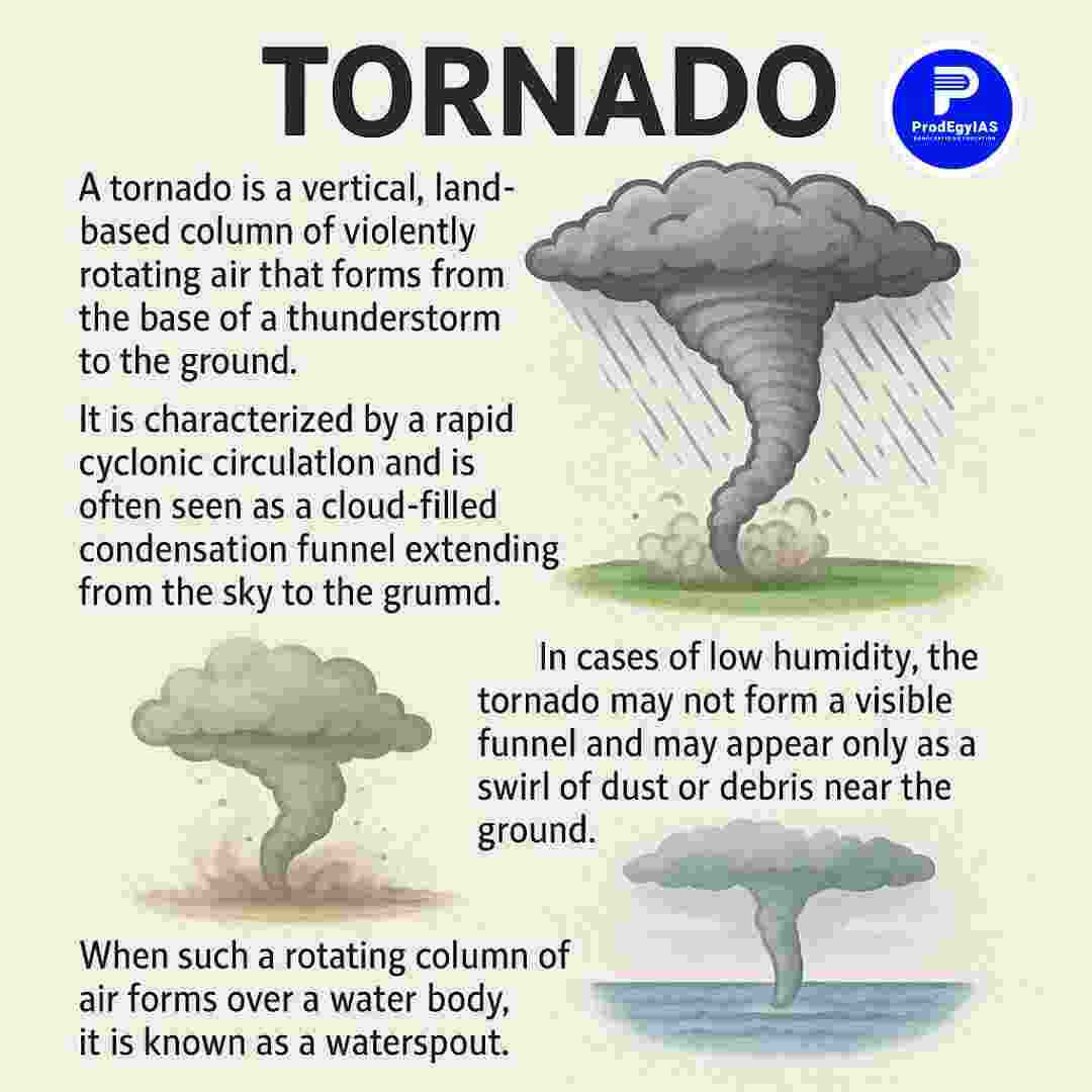 Diagram showing tornado formation, movement, and damage caused on land with labeled Fujita scale categories.
