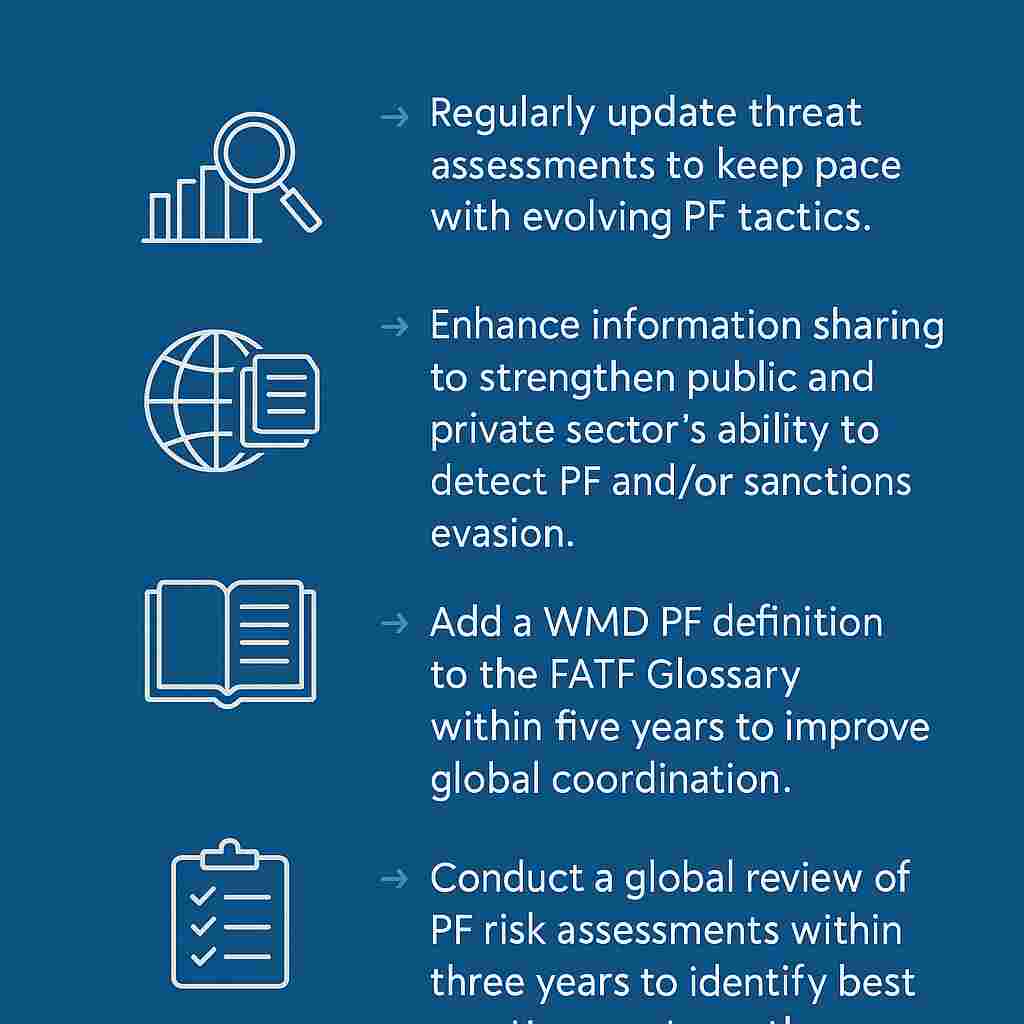 Infographic showing key findings and recommendations from the FATF report on proliferation financing, including PF risks, illicit tactics, and global countermeasures.